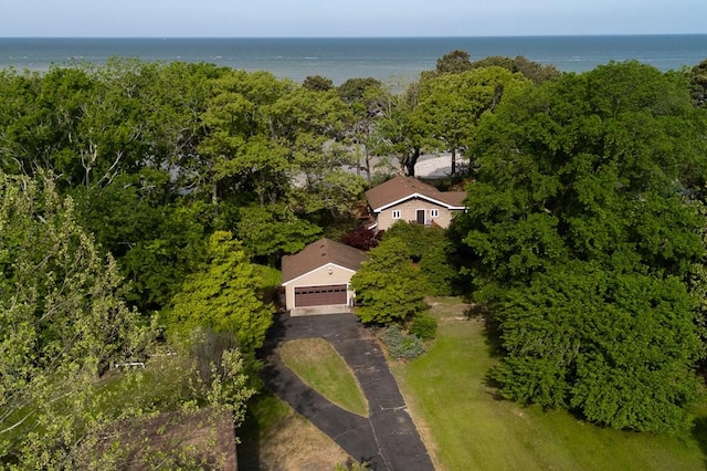 drone / aerial view featuring a water view