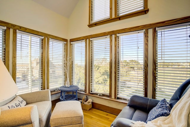 interior space with light hardwood / wood-style flooring, a wealth of natural light, and lofted ceiling