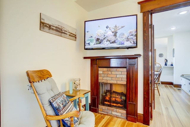 living area with a fireplace and light hardwood / wood-style flooring