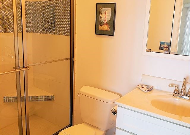 bathroom with vanity, toilet, and walk in shower