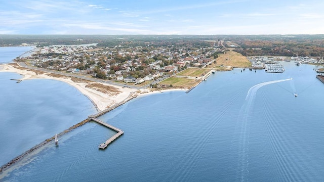 bird's eye view with a water view and a view of the beach