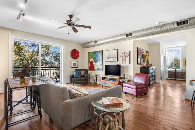 living room with ceiling fan and wood-type flooring