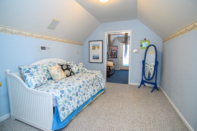 carpeted bedroom featuring baseboards, vaulted ceiling, and visible vents