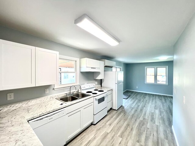 kitchen featuring white cabinets, white appliances, and sink