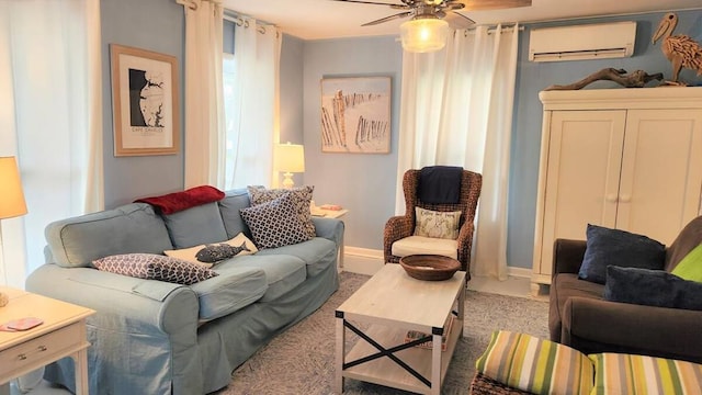 living room with ceiling fan, light carpet, and a wall mounted air conditioner