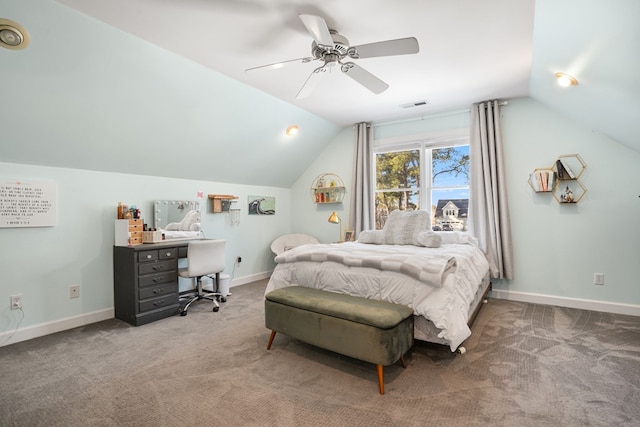 bedroom featuring visible vents, carpet floors, baseboards, ceiling fan, and vaulted ceiling