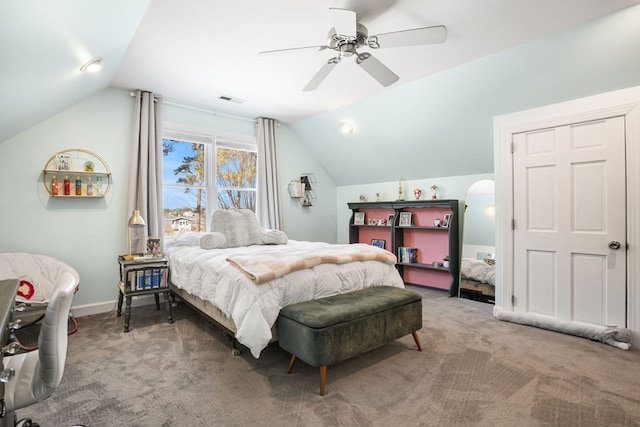 bedroom featuring visible vents, a ceiling fan, baseboards, carpet flooring, and lofted ceiling