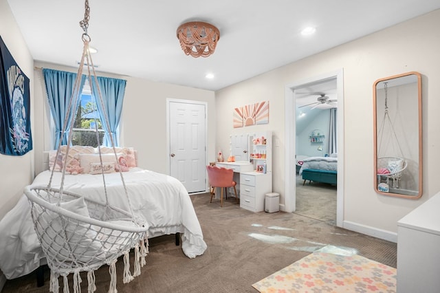 bedroom featuring recessed lighting, light colored carpet, and baseboards