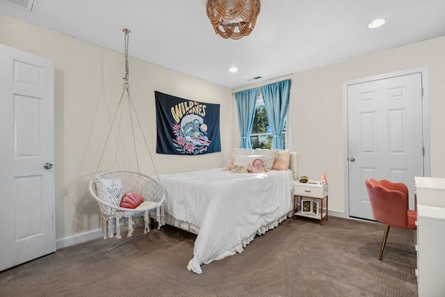 bedroom with visible vents, recessed lighting, baseboards, and carpet floors