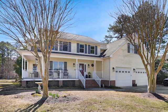 view of front of house with covered porch, an attached garage, concrete driveway, and a shingled roof