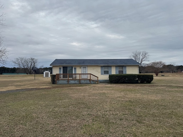 single story home with a deck and a front lawn