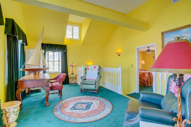 6180 Marsh Island Dr, Chincoteague, VA 23336 - sitting room featuring carpet flooring, an upstairs landing, high vaulted ceiling, and ceiling fan