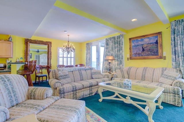 6180 Marsh Island Dr, Chincoteague, VA 23336 - living area featuring a chandelier, carpet flooring, and beamed ceiling