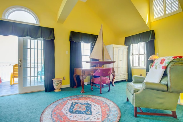 6180 Marsh Island Dr, Chincoteague, VA 23336 - living area featuring carpet and high vaulted ceiling