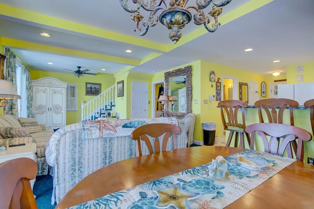 6180 Marsh Island Dr, Chincoteague, VA 23336 - dining area featuring stairway, wood finished floors, recessed lighting, ceiling fan, and baseboards