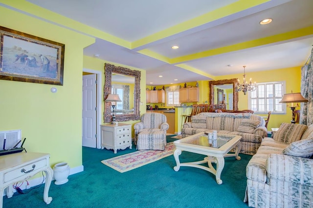 6180 Marsh Island Dr, Chincoteague, VA 23336 - living room featuring carpet, a chandelier, healthy amount of natural light, and recessed lighting