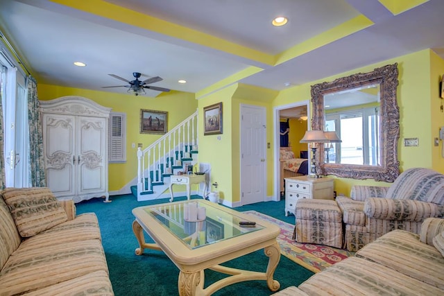 6180 Marsh Island Dr, Chincoteague, VA 23336 - living room with carpet floors, stairs, recessed lighting, baseboards, and a ceiling fan