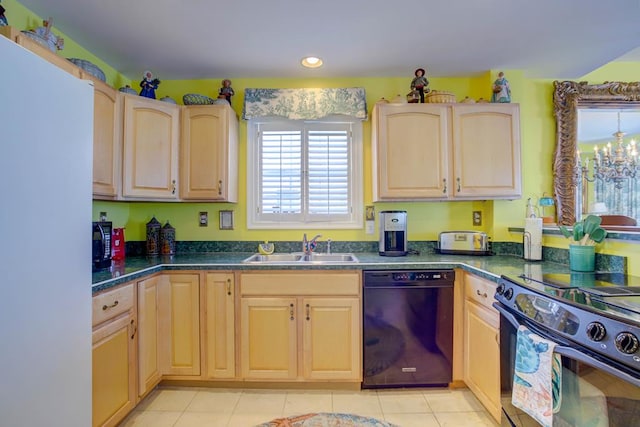 6180 Marsh Island Dr, Chincoteague, VA 23336 - kitchen featuring black appliances, light brown cabinetry, a sink, dark countertops, and light tile patterned floors