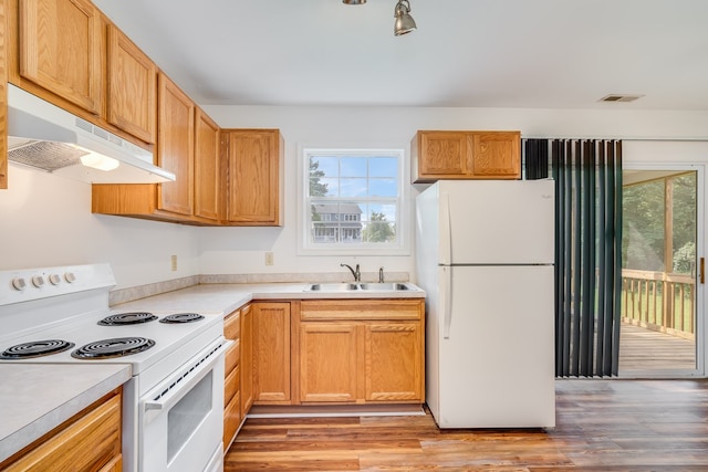 kitchen with white appliances, under cabinet range hood, plenty of natural light, and a sink