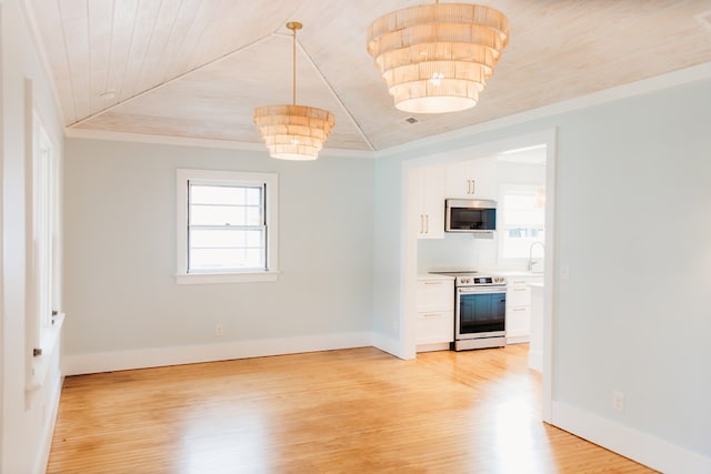 unfurnished living room with a sink, wood ceiling, and light wood-type flooring