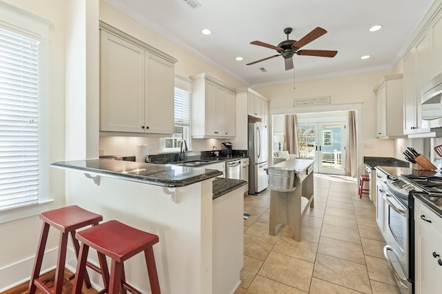 kitchen featuring ornamental molding, stainless steel appliances, ceiling fan, and a sink