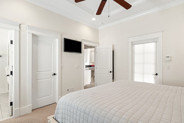 bedroom with ceiling fan, light carpet, recessed lighting, and ornamental molding