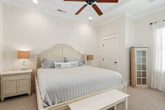 bedroom with visible vents, a ceiling fan, recessed lighting, crown molding, and light colored carpet