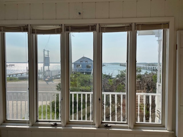 entryway with a water view