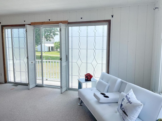 entryway with wood walls and carpet floors