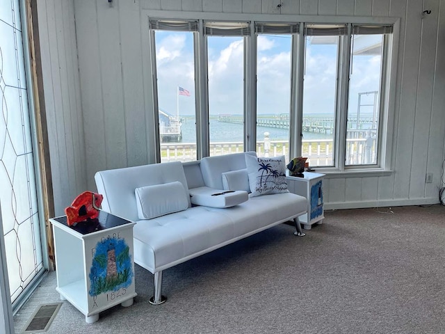 interior space featuring a healthy amount of sunlight, a water view, and carpet floors