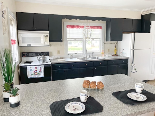 kitchen featuring sink, white appliances, and crown molding