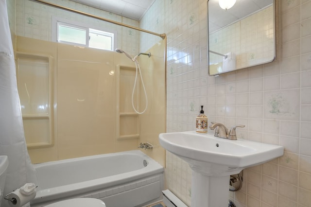 bathroom with backsplash, toilet, shower / bathtub combination with curtain, and tile walls