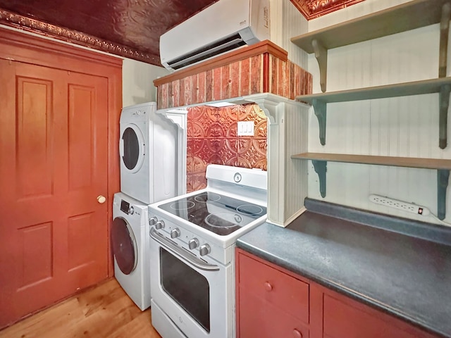 25539 Shoremain Dr, Bloxom, VA 23308 - kitchen with open shelves, electric stove, stacked washer / dryer, light wood-style floors, and a wall unit AC