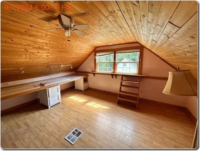 additional living space featuring lofted ceiling, ceiling fan, wooden ceiling, and light hardwood / wood-style flooring