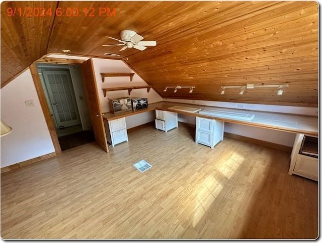 additional living space featuring lofted ceiling, ceiling fan, wood ceiling, and light hardwood / wood-style flooring