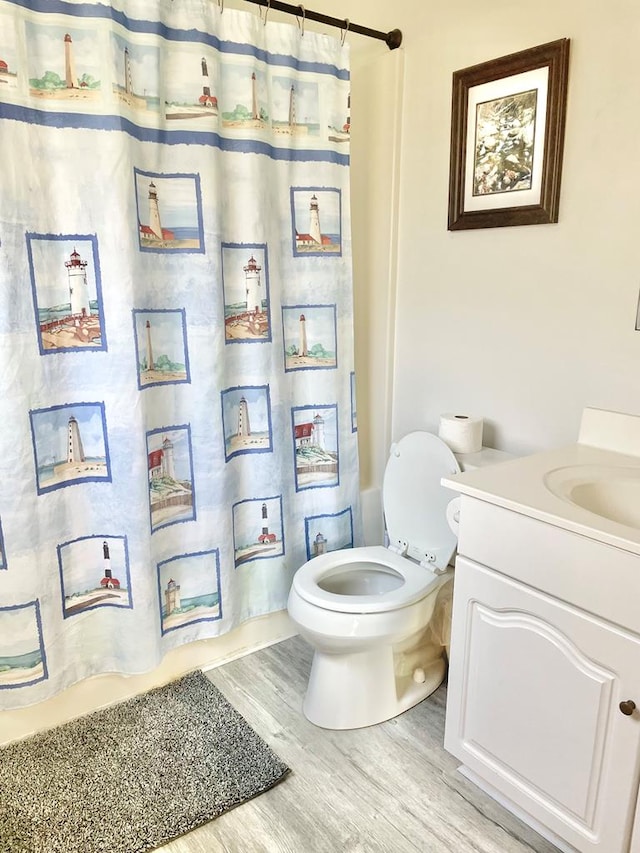 5108 Wildcat Ln, Chincoteague, VA 23336 - bathroom with vanity, wood finished floors, and a shower with shower curtain