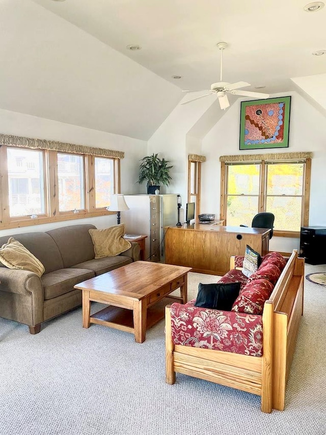 5108 Wildcat Ln, Chincoteague, VA 23336 - carpeted living area with vaulted ceiling and a ceiling fan