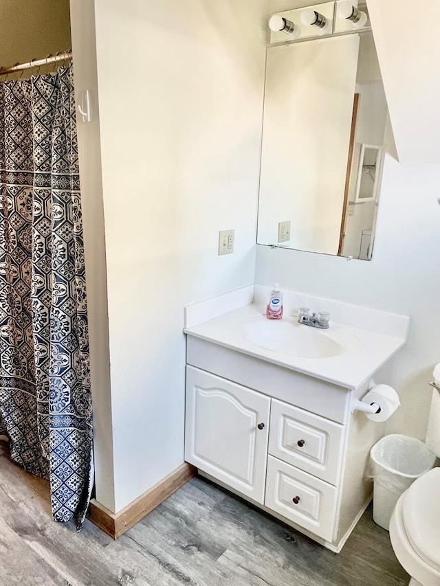 5108 Wildcat Ln, Chincoteague, VA 23336 - bathroom with wood finished floors, vanity, and a shower with shower curtain