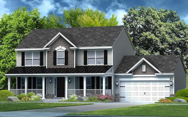 view of front of house with a front lawn, a porch, and a garage