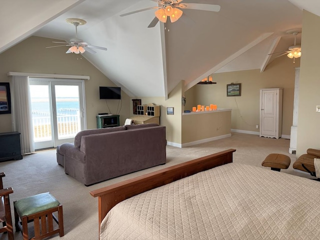 bedroom featuring baseboards, ceiling fan, vaulted ceiling, light carpet, and access to outside