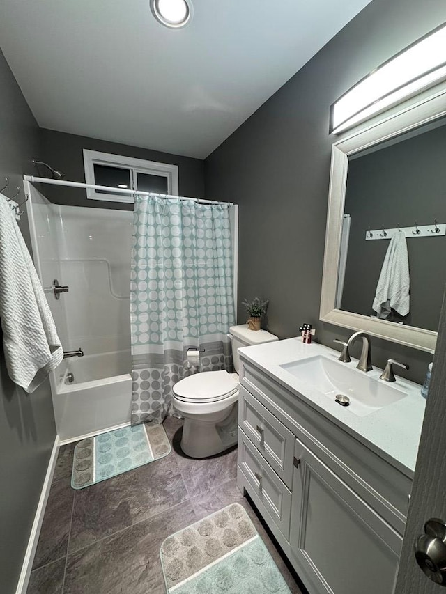 full bathroom with shower / tub combo, vanity, and toilet