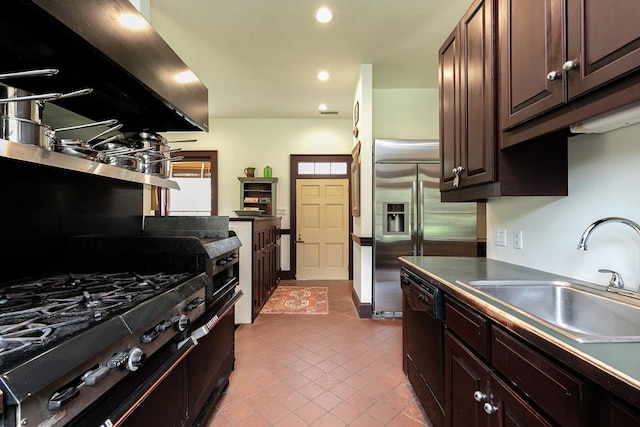 kitchen featuring dishwasher, stainless steel built in fridge, sink, dark brown cabinets, and extractor fan