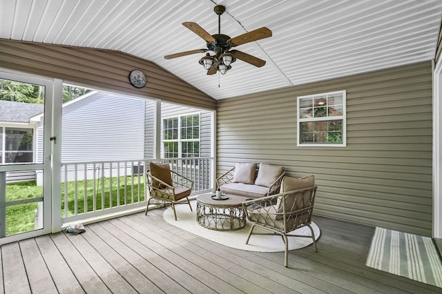 37323 Davey Jones Blvd, Greenbackville, VA 23356 - sunroom featuring ceiling fan, lofted ceiling, and an outdoor hangout area