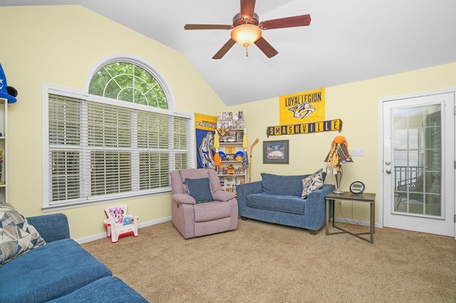 37323 Davey Jones Blvd, Greenbackville, VA 23356 - carpeted living area featuring vaulted ceiling, a ceiling fan, and baseboards