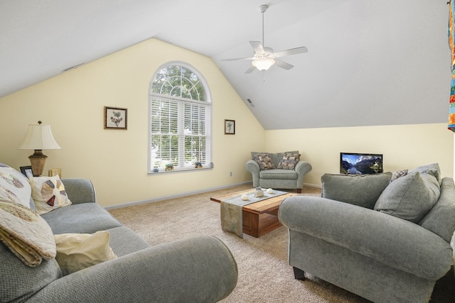 37323 Davey Jones Blvd, Greenbackville, VA 23356 - living room with carpet, ceiling fan, vaulted ceiling, and baseboards