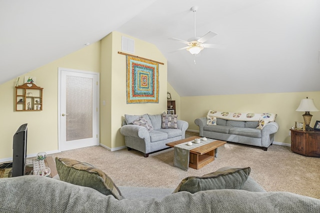 37323 Davey Jones Blvd, Greenbackville, VA 23356 - carpeted living area featuring vaulted ceiling, ceiling fan, and baseboards