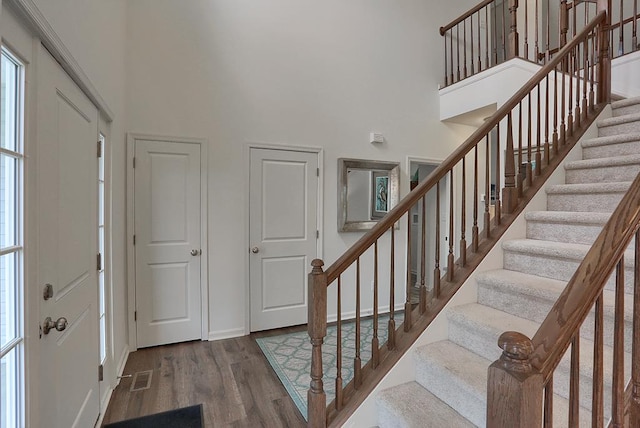 entryway with wood-type flooring and a high ceiling