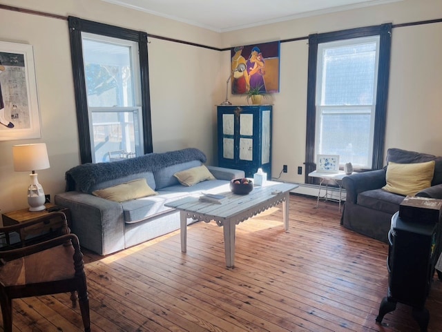 living room featuring hardwood / wood-style flooring, a wealth of natural light, and ornamental molding