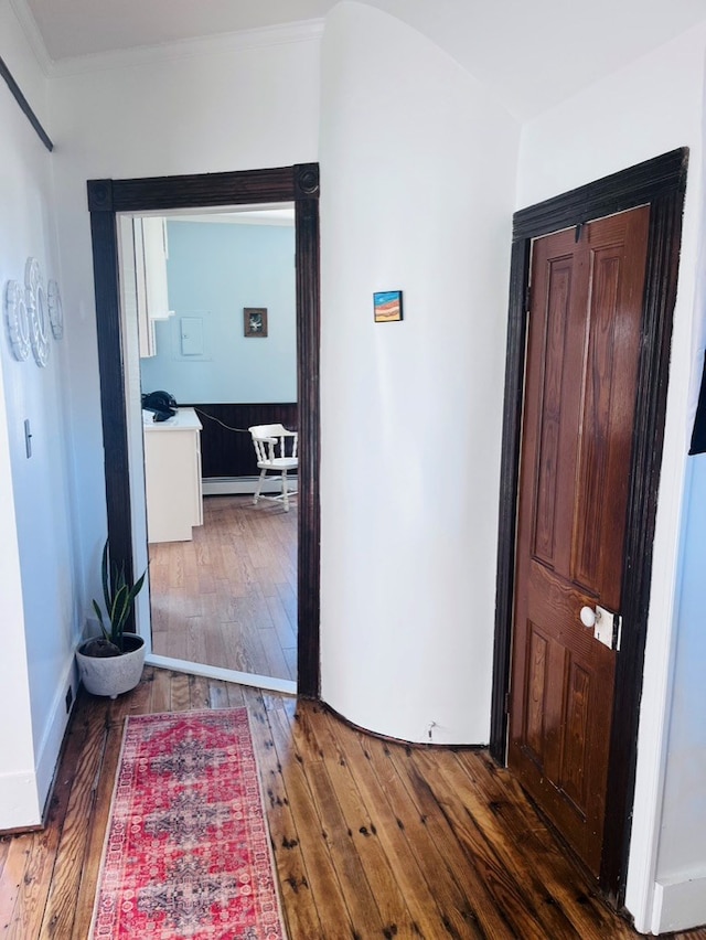 hallway with ornamental molding, baseboards, and wood-type flooring