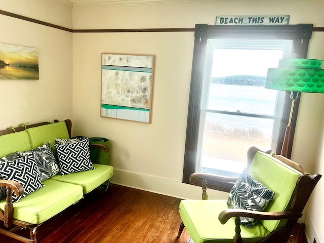 living room featuring wood finished floors and baseboards